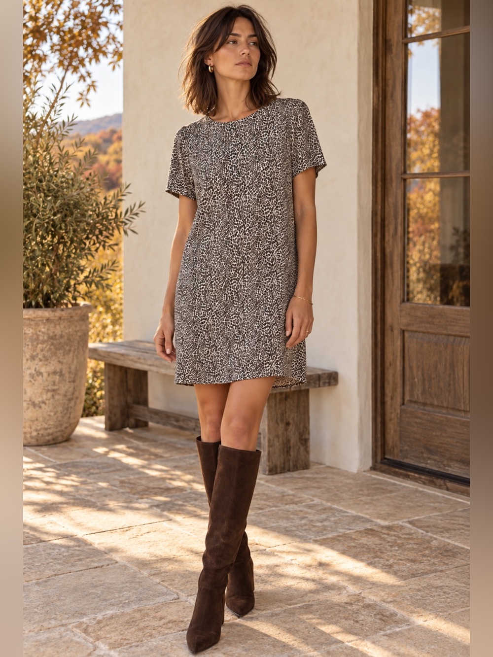 Jenni Kayne Leopard Italian Viscose Shift Dress Cream Black Medium